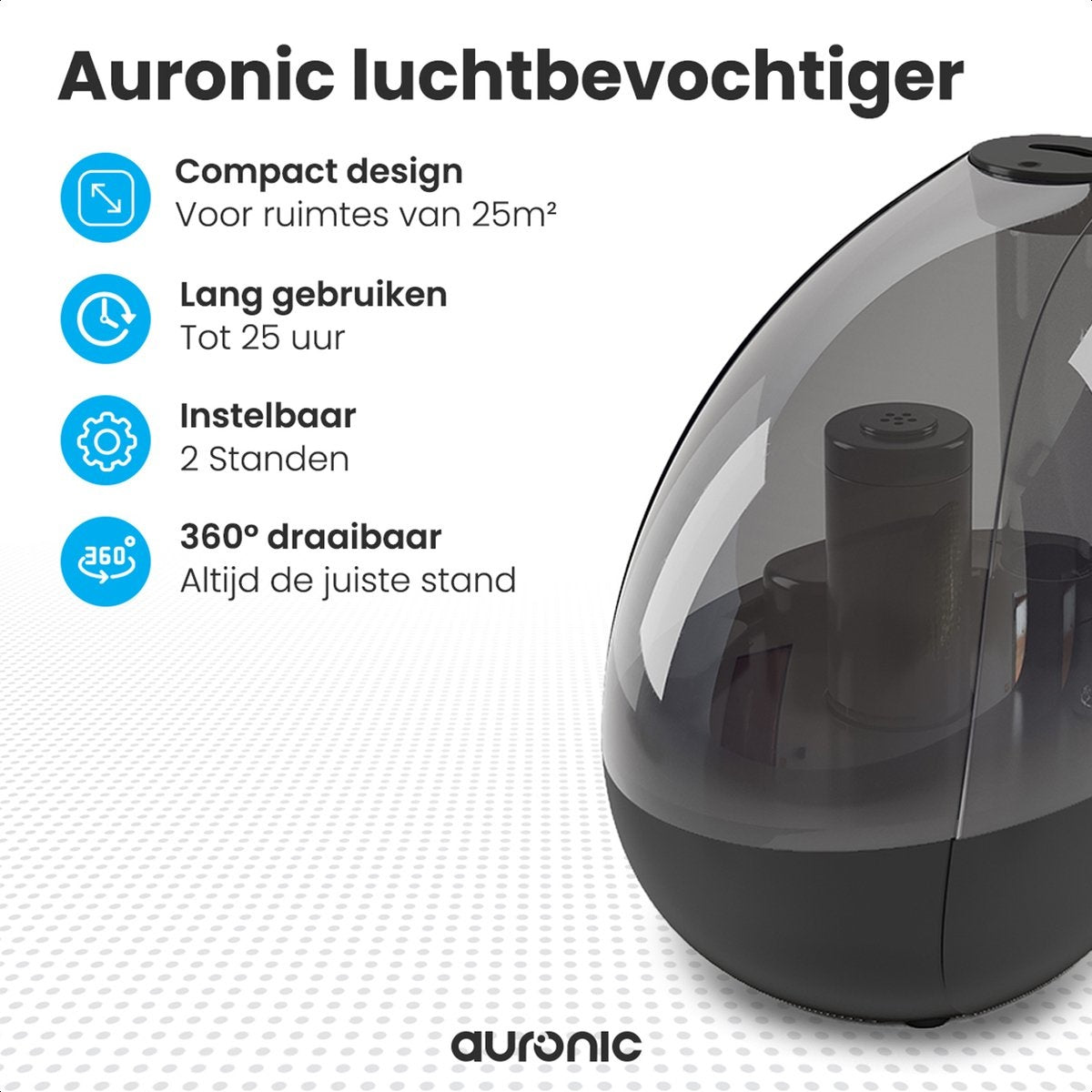 Auronic Luchtbevochtiger - Geschikt voor Babykamer & Slaapkamer - Zwart - Inclusief Waterfilter