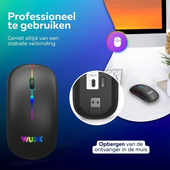 Wurk Draadloze RGB Muis – Oplaadbaar – Bluetooth 4.0 – 2.4GHz – USB – Draadloos – Computermuis – Laptop – PC – Zwart