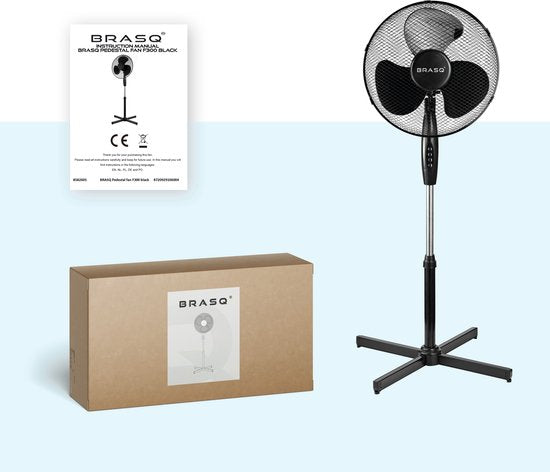BRASQ Statiefventilator – 40 cm – Zwart - In hoogte verstelbaar – 3 snelheden - 40 Watt