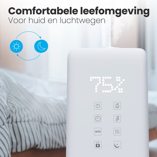 Auronic Luchtbevochtiger - 6L Tankcapaciteit Incl. Waterfilter - Babykamer & Slaapkamer - 3 Vernevelingsstanden - Wit