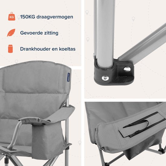TRVLMORE Campingstoelen - Opvouwbaar - 2 Stuks - Vouwstoelen - 150 kg draagvermogen - Drankhouder - Koelvak - Zijvak - Grijs