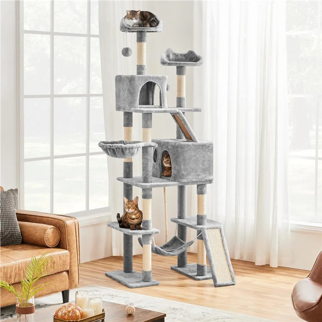 Yaheetech XXL Krabpaal – 206 cm Hoog – Met Sisalpalen, Hangmatten en Kattenhuisjes – Lichtgrijs