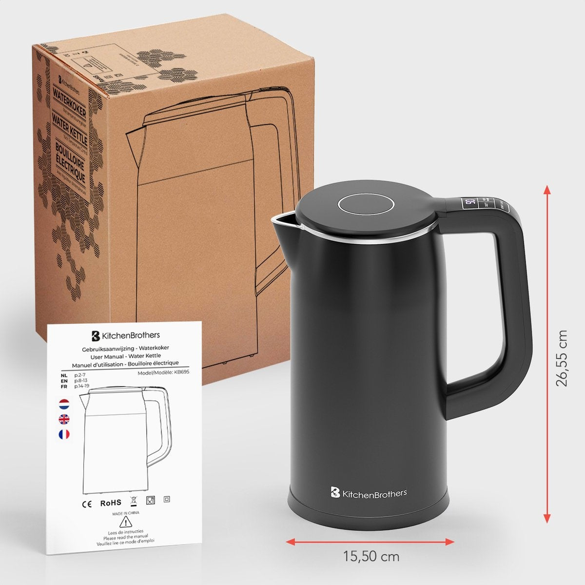 KitchenBrothers Waterkoker - 1.7L - RVS, Kunststof - BPA vrij - 1800W - 22x15.50x26.55 cm - Zwart