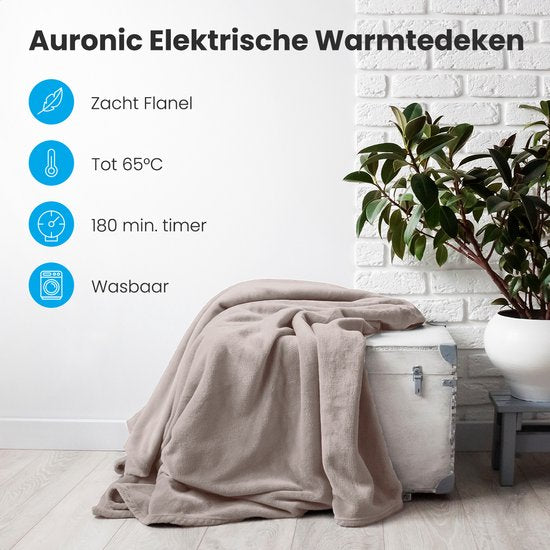 Auronic Elektrische Warmtedeken - Bovendeken - 2 Persoons - 3 Warmtestanden - Met Timer - 200 x 180 cm - Taupe