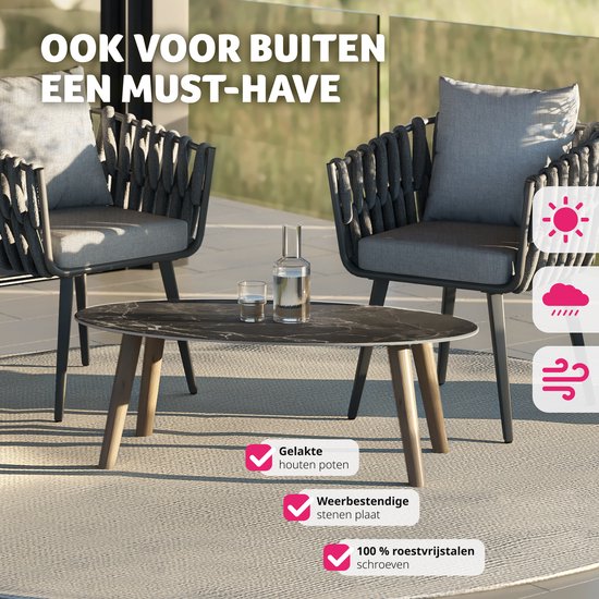 tectake® Salontafel | Woonkamertafel, Ovale Salontafel met Houten Poten | Marmerlook | Weerbestendige Bijzettafel voor Woonkamer, Terras, Tuin of Balkon - naturel