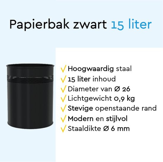 BRASQ Prullenbak Metaal Kantoor/ Thuisgebruik - Vuilnisbak - Afvalemmer - Papierbak - Rond - Prullenbakken - Zwart 15 liter