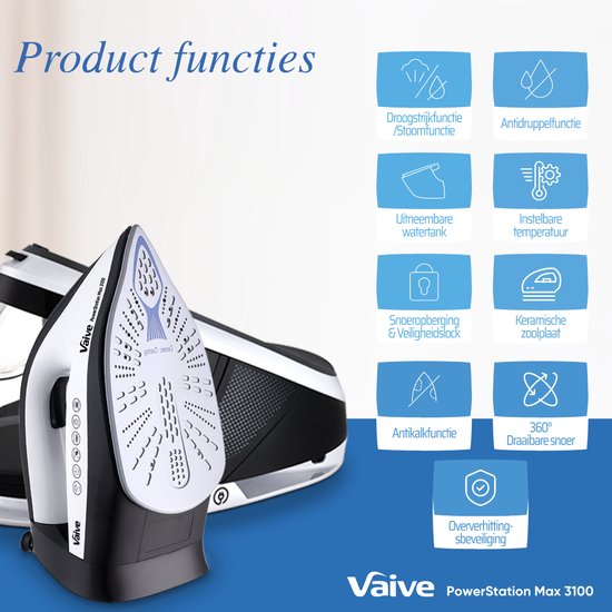 VAIVE PowerStation Max 3100 Stoomstrijkijzer met Stoomgenerator - 3100W - 1,5 L Watertank