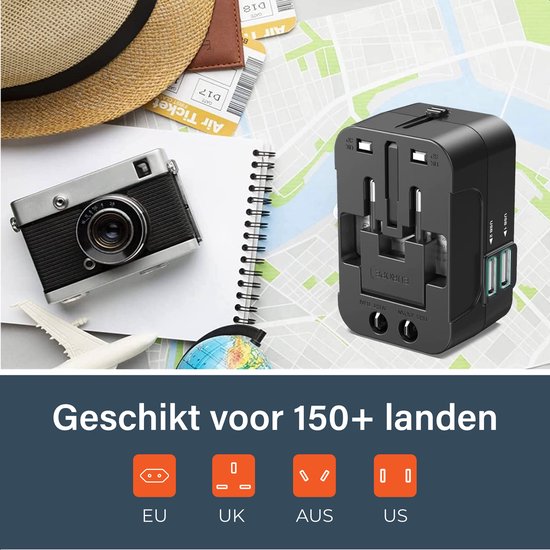 Universele wereldstekker 150+ Landen - Internationale - Verloop - Reis stekker - Adapter - Voor Amerika, Zuid Amerika, Engeland (UK), Azië, Europa, Afrika, Italië, Thailand, Curacao - 2x USB-C en 2x USB-A - Type G, Lichtgewicht - Skoov