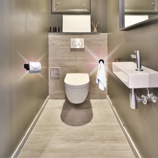 WC Rolhouder Inclusief Handdoekhaak - Toiletrolhouder - WC Papier Houder - WC Rol Houder RVS - Mat Zwart - Inclusief Montageset - Coopley