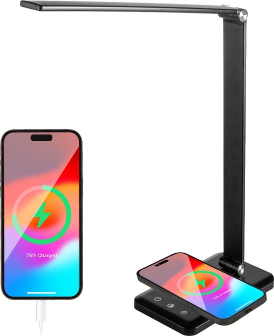 Auronic Bureaulamp - LED - USB en Draadloos Mobiel Opladen - Timer - Dimbare Klemlamp - Wit en Warm Licht - Zwart