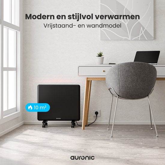 Auronic Convectorkachel - 1000W - Elektrische Verwarming - 3 Standen - Metalen Paneelverwarming - Vrijstaand - Wielen - Zwart
