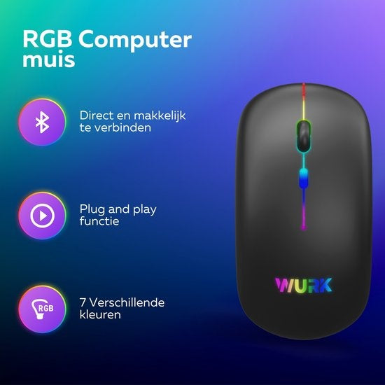 Wurk Draadloze RGB Muis – Oplaadbaar – Bluetooth 4.0 – 2.4GHz – USB – Draadloos – Computermuis – Laptop – PC – Zwart