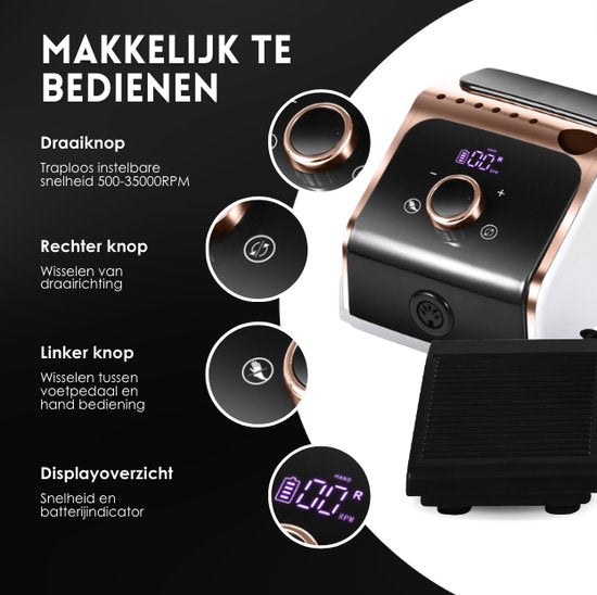 Beeperfect Nagelvijlset – Draadloos, Incl. 100 Schuurrolletjes & 25 Bitjes – 18 V – Wit/Rosegoud