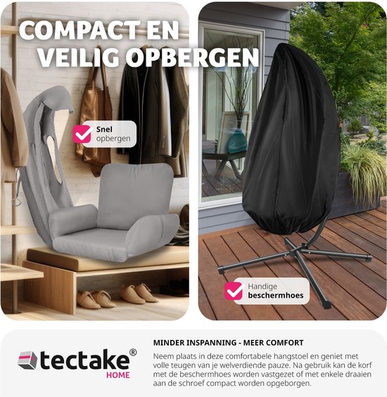 tectake® Hangstoel met frame - Schommelstoel met kussen + rugkussen - Meubels voor woonkamer of slaapkamer - Balkonmeubilair - Binnen of buiten - Tot 160kg - Lichtgrijs