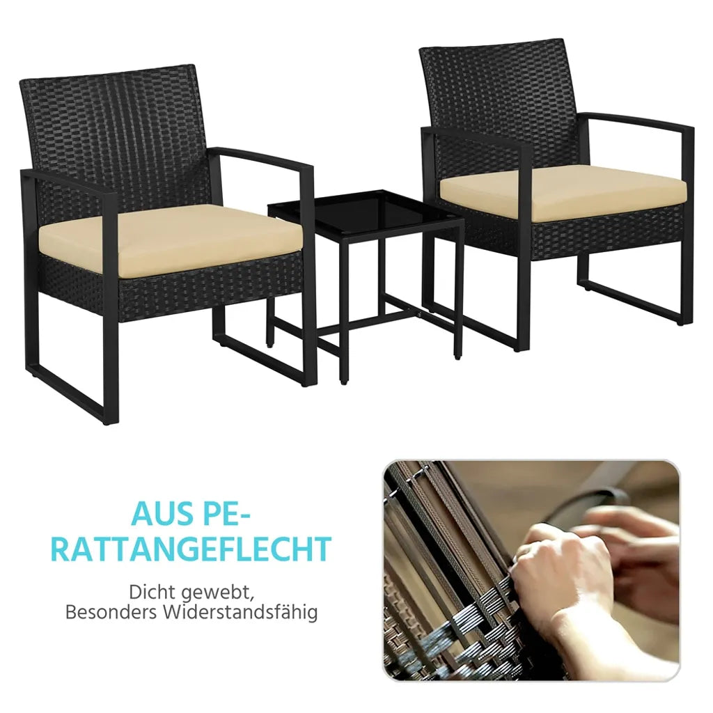 Yaheetech Balkonset - 3-delig - 2 Stoelen/Tafel - Polyrattan - Zwart/Khaki