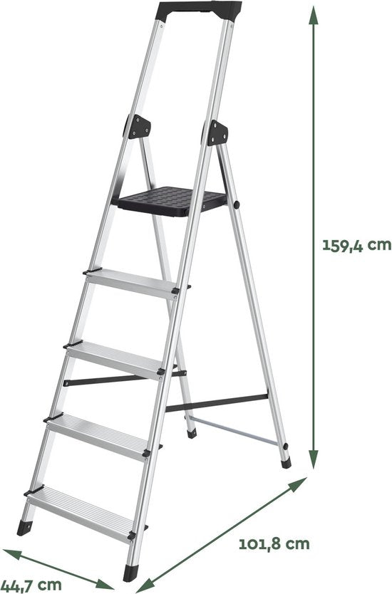 BRASQ Huishoudtrap 5-treden Zilver - keukentrap inklapbaar aluminium voor Particulier en professioneel gebruik - Trap Ladder - Anti slip