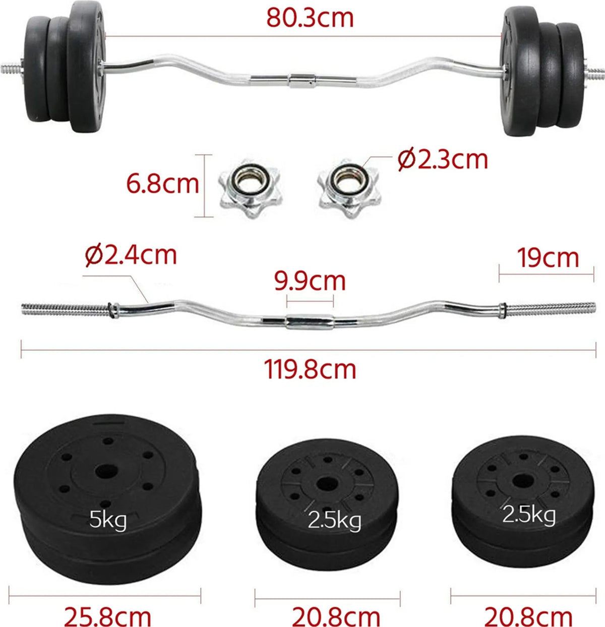 Yaheetech EZ-curl Halterset 25 kg – Voorzien Van Verchroomde Curlstang En 6 Beton-gewichtsschijven En Stersluitingen – Voor Krachttraining En Spieropbouw – Zwart Metaal Kunststof En Beton – 120 x 26 x 26 cm