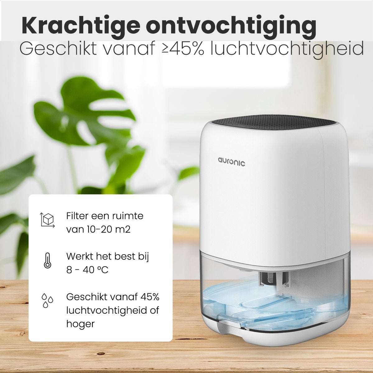 Auronic Luchtontvochtiger – 450 ml/dag – 1000 ml Reservoir – Tot 20 m² – 25,6 x 15 x 15 cm – Wit