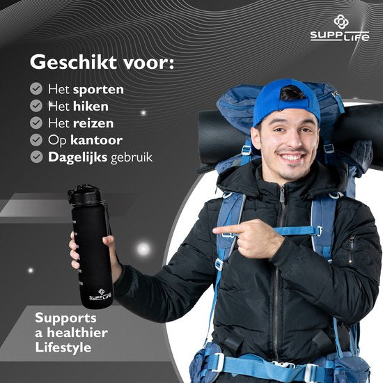 Supplife Motivatie Waterfles 1 Liter met Nederlandse Tekst - Drinkfles met Rietje - Waterfles met Tijdmarkeringen - Zwart