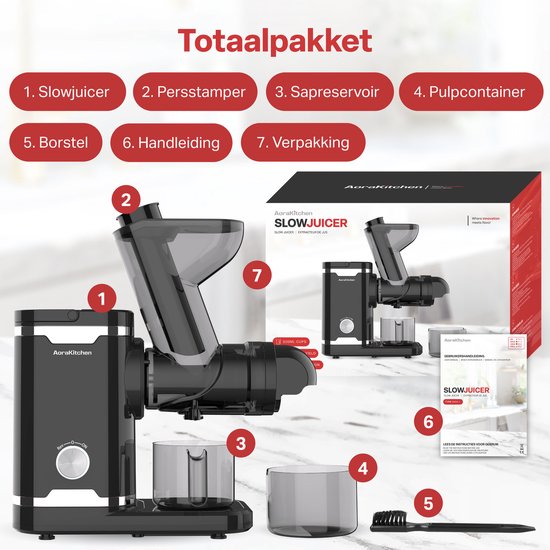 AoraKitchen Slowjuicer - met Omkeerfunctie - Sapcentrifuge - 500 ML - Juicer - voor Groenten en Fruit - Fruitpers - Zwart