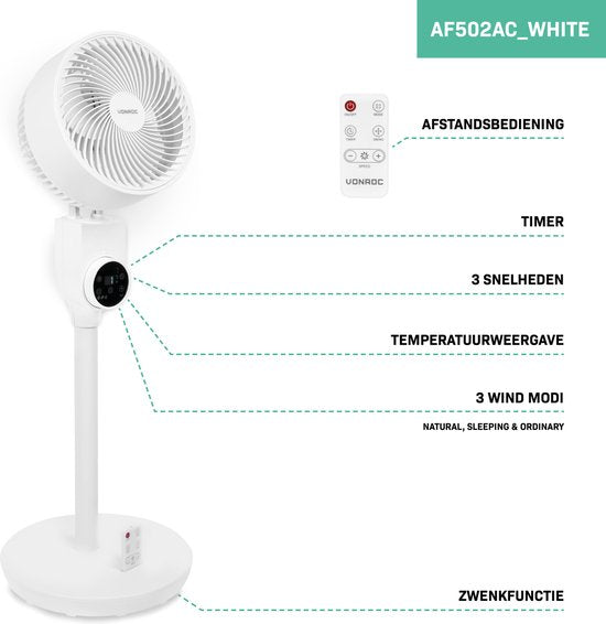 VONROC BREEZE Ventilator - fluisterstille vloerventilator - 88cm - Incl. afstandsbediening - 3 snelheden - zwenkfunctie - 180° kantelbaar - wit