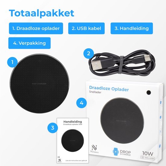 Nuvance Draadloze Oplader 10W - Inclusief Kabel - Wireless Charger - Fast Charger - Geschikt voor alle Draadloos Oplaadbare Smartphones