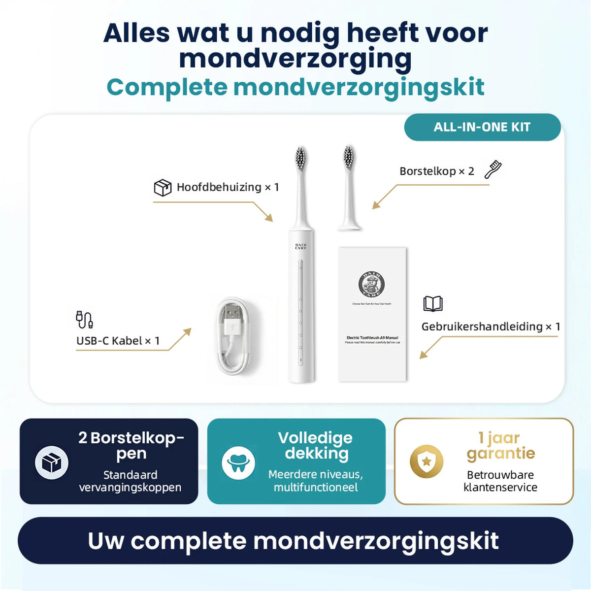 Bair Care A9 Sonische Elektrische Tandenborstel - 5 Reinigingsstanden - 3 Intensiteiten - 180 Dagen Batterijduur - IPX7 Waterdicht