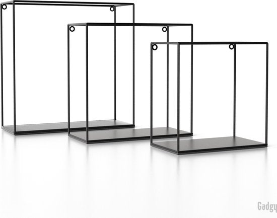 Gadgy Vierkante Wandrekken Industrieel - Set van 3 - Metaal - 32, 27 en 22 cm - Zwart