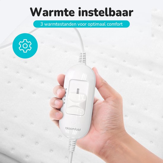 Bloomfold Elektrische Onderdeken - 150 x 80 cm - Wasmachinebestendig - 1 Persoons - 3 Standen - Warmtedeken - Wit/polyester