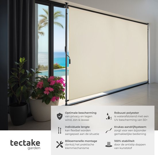 tectake® Klemluifel Taija met Handslinger - 200 x 310 cm - Zonwering - Verticaal Zonnescherm - Ondoorzichtig Rolgordijn Buiten - In Hoogte Verstelbare Luifel voor Terra en Tuin - Snel te Monteren Balkonscherm - Beige