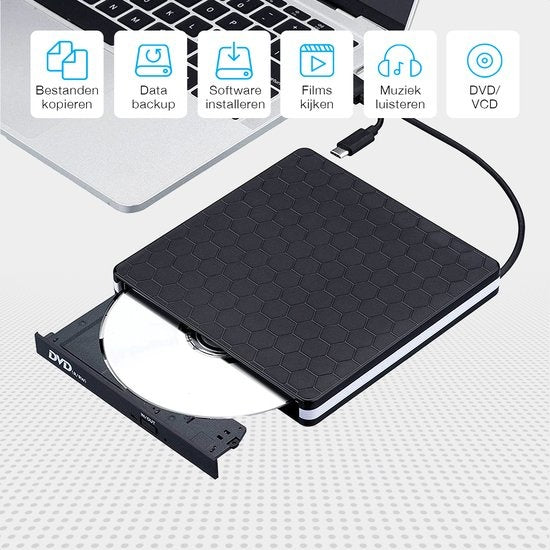 Auronic Externe DVD Speler - Voor Laptop en Brander - USB 3.0 of USB C - Windows, MacOS & Linux - Incl. Hoes + Kabel