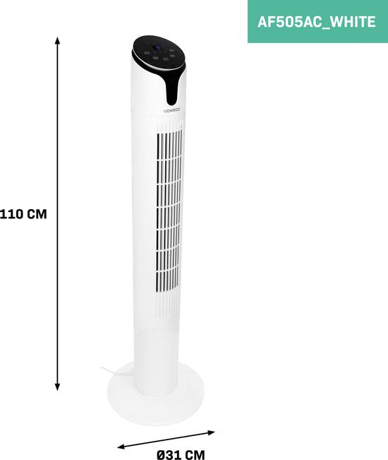 VONROC Luxe Ventilator - Torenventilator – hoogte 110 cm – Incl. afstandsbediening - 3 snelheden – zwenkfunctie - 15 uurs timer - wit