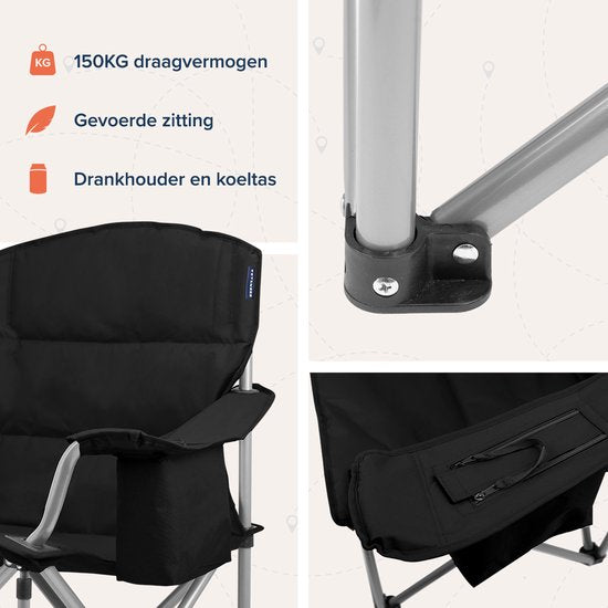 TRVLMORE Campingstoel - Opvouwbaar - Comfortabele Vouwstoel - 150 kg draagvermogen - Drankhouder - Koelvak - Zijvak - Zwart
