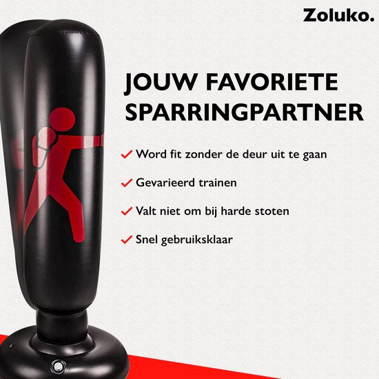 Zoluko Opblaasbare Bokszak op Voet - Incl. Bokshandschoenen, Voetpompje en E-book - Voor binnen en buiten - Voor Volwassenen en Kinderen - Zwart - ø 65 cm - 160 cm hoog