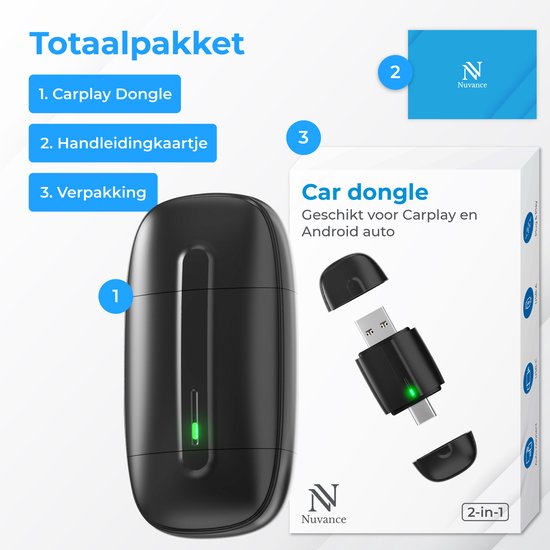 Nuvance CarPlay Dongle - Geschikt voor Android Auto & CarPlay - 2in1 - Bluetooth Dongle - CarPlay Draadloos - USB & USB C