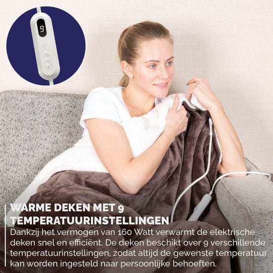 BREND BR-2219 Elektrische Deken met 9 Temperatuurinstellingen – Flanel Fleece Deken - Warme Plaid voor Bank en Bed – 180 x 130 cm - Bruin/Wit