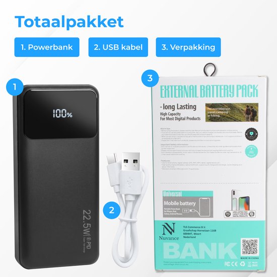 Nuvance - Powerbank 20000 mAh - 22.5W Snellaad Functie - USB, USB-C & Micro USB - Universeel voor Smartphones, Tablets & Gadgets - Reis Powerbanks - Zwart