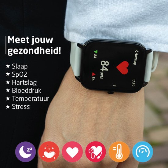 BREND Smartwatch voor Dames en Heren - Stappenteller, Bloeddrukmeter en Hartslagmeter - Sporthorloge - Waterdicht – Wit