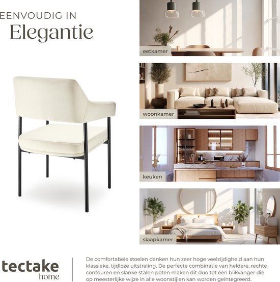 tectake® Eetkamerstoel met armleuning - Fluweelzachte stof - Gestoffeerd met stalen poten - set - div kleuren - Set van 2 stoelen - Offwhite met zwarte poten