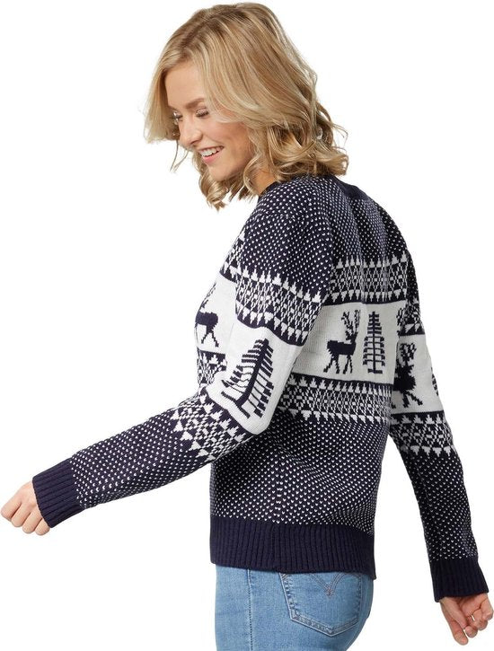 dressforfun - Kersttrui Winterwonderland blauw-wit voor vrouwen L - verkleedkleding kostuum halloween verkleden feestkleding carnavalskleding carnaval feestkledij partykleding - 303352