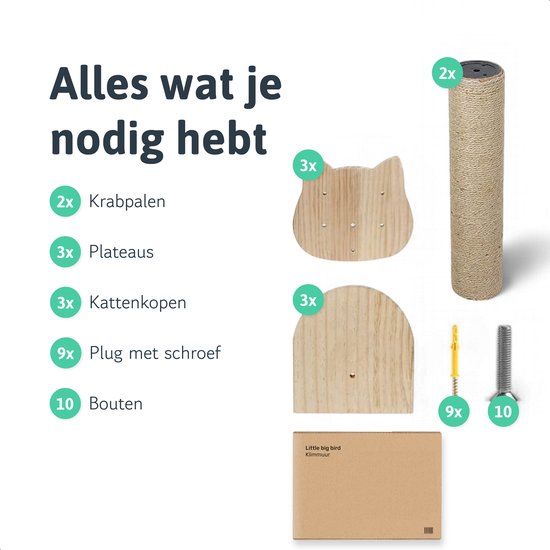 Katten klimmuur - Krabpaal - 2 Plateaus - Katten klim wand - Muur - Klimmuur kat - Voor grote katten - Klimwand - complete set