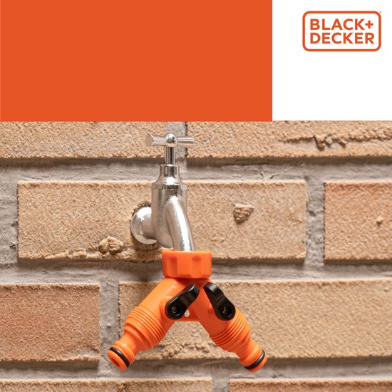 BLACK+DECKER Dubbel Kraanstuk Tuinslang - Tuinslang Koppeling - 3/4" Kraanaansluitingen - Geïntegreerde Waterstop - Waterstroom Reguleren - Kunststof - Oranje/Zwart