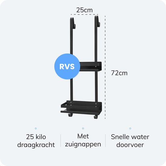 Doucherek - Telescopisch, hangend en ophangen zonder boren - 2 laags met haken - Zwart - Luft