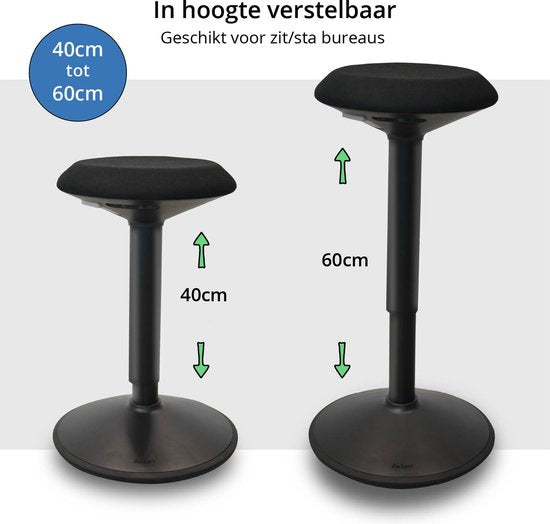 Bckz Wiebelkruk Zwart | Hoogte 40-60cm | Balanskruk | Zit-sta kruk | Ergonomische bureaustoel | zadelkruk
