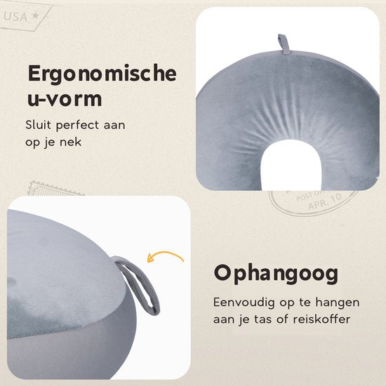 TRAVARA Nekkussen The Snuggo - Microbeads Reiskussen Voor Vliegtuig - Auto Kussen - Travel Pillow - Licht Grijs