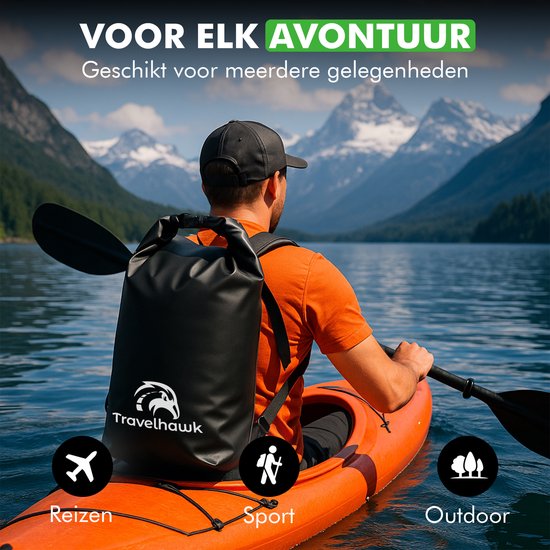 Travelhawk Drybag - Waterdichte Tas - Waterproof Drybag - Opberg Zak - 20 L - Outdoor Tas - Zwart