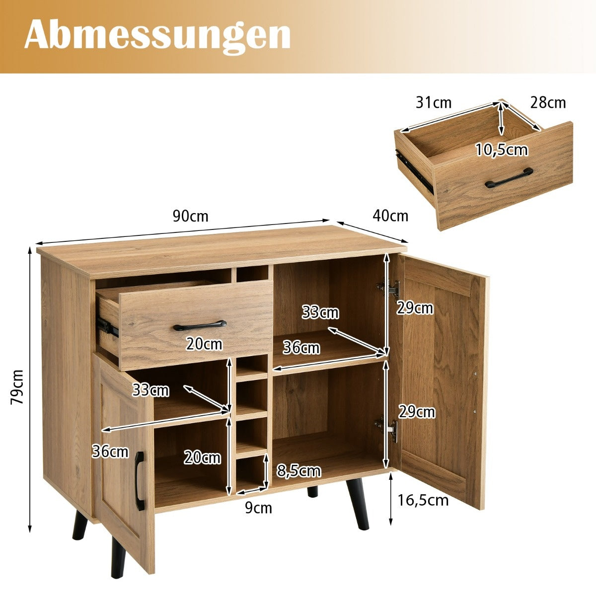 Coast dressoir keukenkast met deuren en laden keukenkaas in het landhuis stijl 90 x 40 x 79 cm natuur