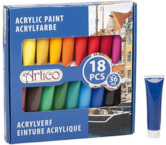 Artist & Co Acrylverf Set – 18 Tubes à 36 ml – Heldere Kleuren – Sneldrogend – Voor Canvas, Papier en Hout – Geschikt voor Beginners en Hobbyisten