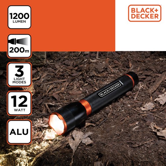BLACK+DECKER LED Zaklamp – 1200 Lumen – 12W – 200m Bereik – 3 Lichtstanden – Aluminium Behuizing – Ø48 x 233 mm – 360g