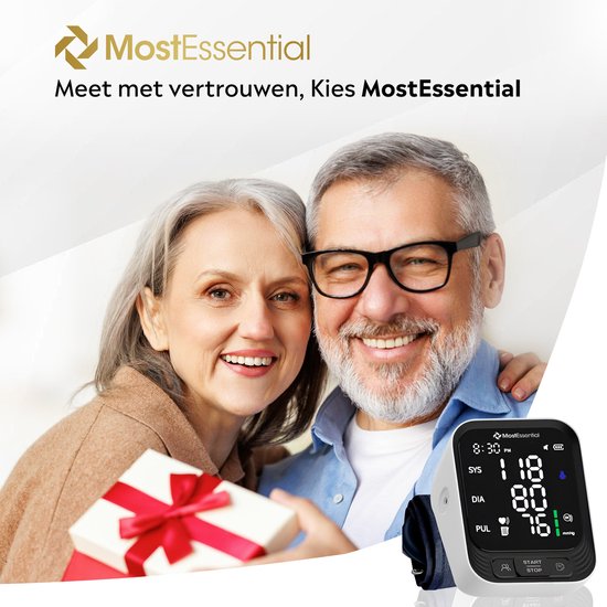 MostEssential Premium Bloeddrukmeter Bovenarm - Hartslagmeter - 398 Metingen Geheugen - Inclusief USB-C Kabel - 30S